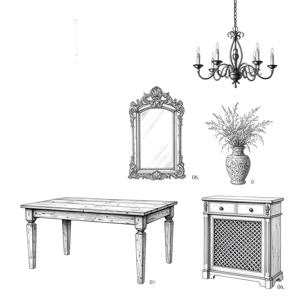 Interior design mood board illustration showing material and colour palette curation