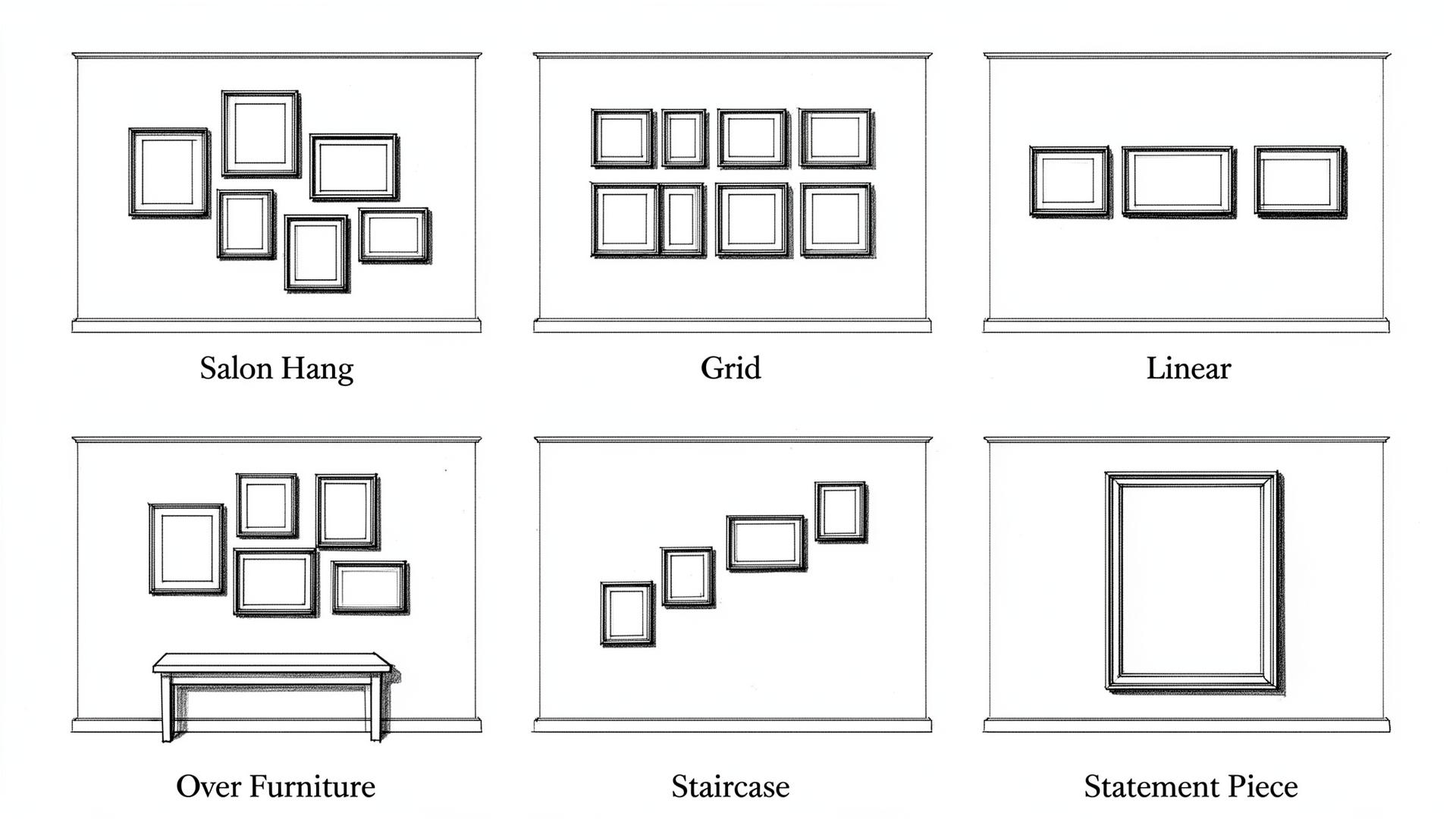 Art hanging arrangements: Salon Hang, Grid, Linear, Over Furniture, Staircase, Statement Piece