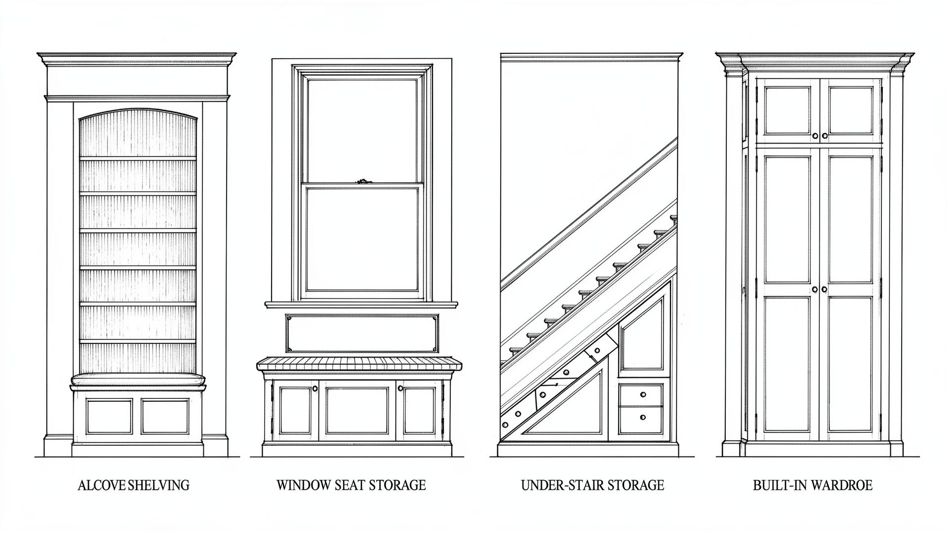 Built-in storage types: Alcove Shelving, Window Seat Storage, Under-Stair Storage, Built-In Wardrobe