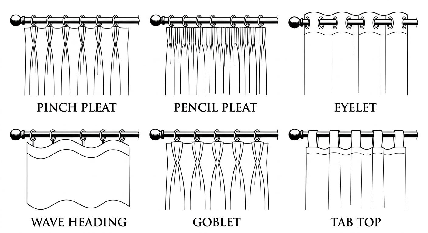 Curtain heading styles: Pinch Pleat, Pencil Pleat, Wave Heading, Eyelet, Goblet, Tab Top