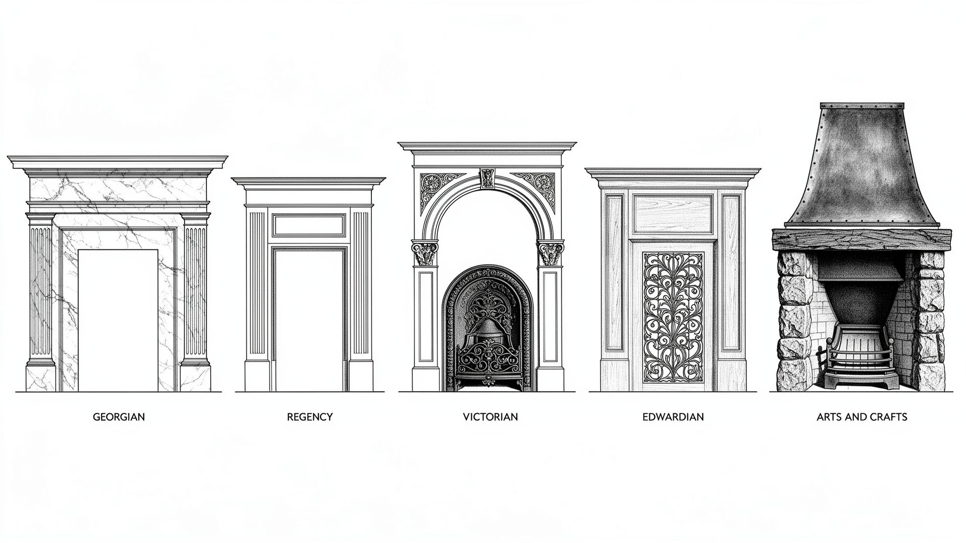 Fireplace surround styles: Georgian, Regency, Victorian, Edwardian, Arts and Crafts