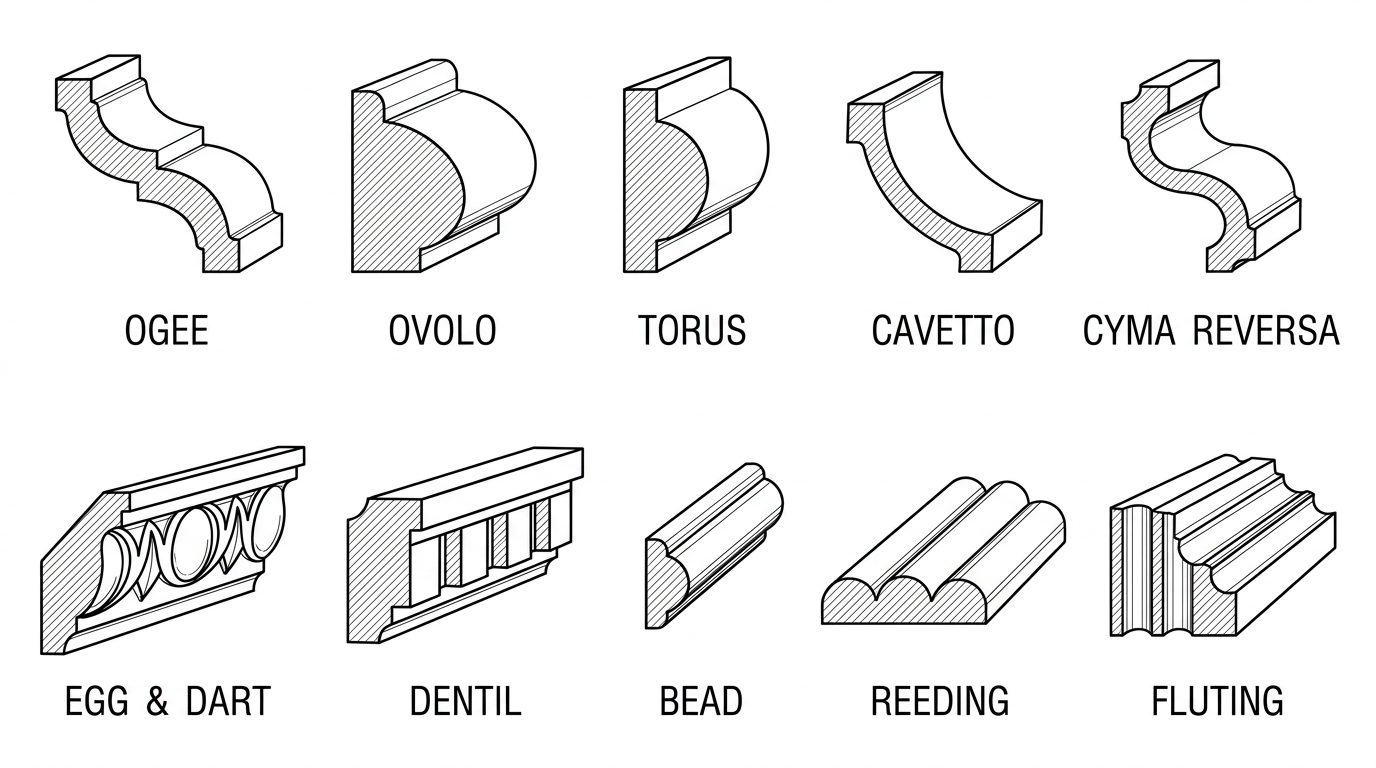 Moulding profiles: Ogee, Ovolo, Torus, Cavetto, Cyma Reversa, Egg & Dart, Dentil, Bead, Reeding, Fluting