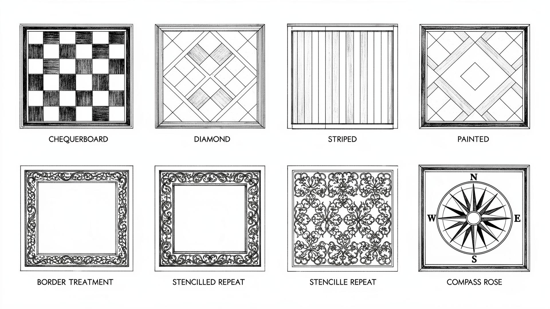 Painted floor patterns: Chequerboard, Diamond, Striped, Border Treatment, Stencilled Repeat, Compass Rose