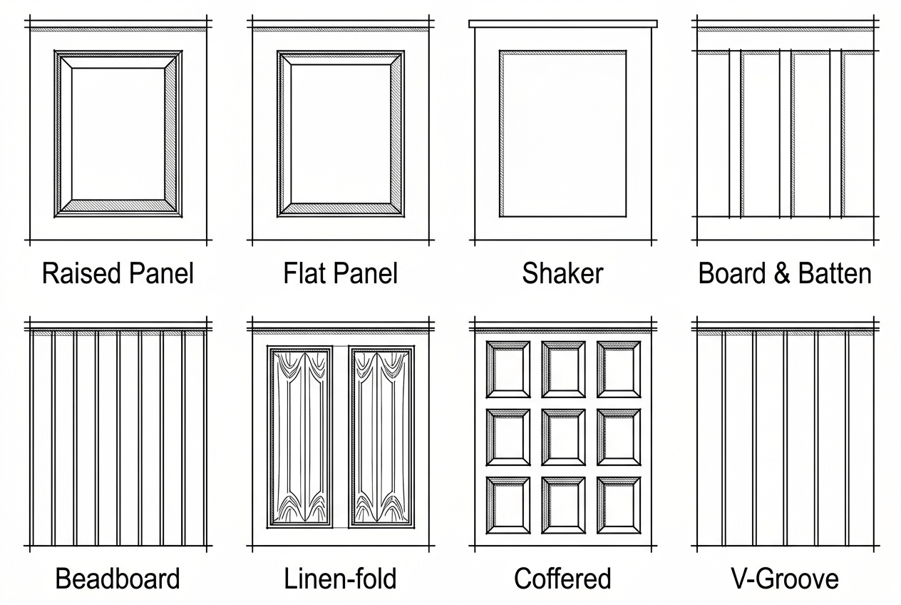 Panelling styles: Raised Panel, Flat Panel, Shaker, Board & Batten, Beadboard, Linen-fold, Coffered, V-Groove