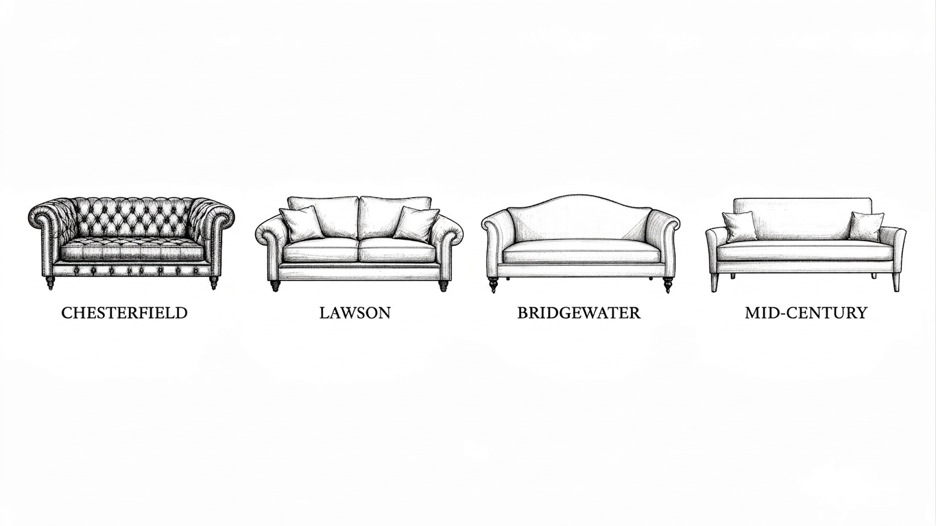 Sofa back styles: Chesterfield, Lawson, Bridgewater, Mid-Century