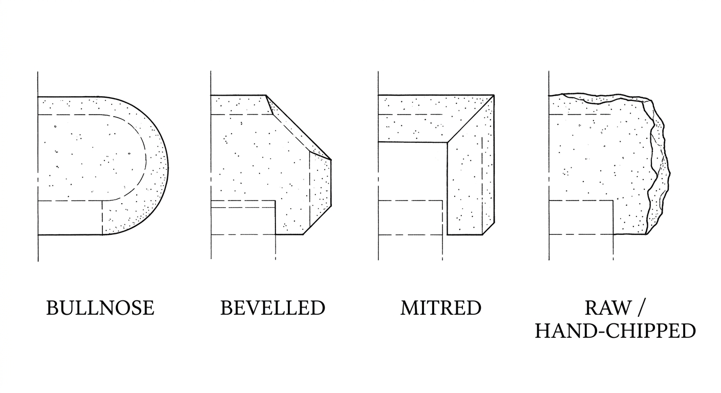 Stone edge profiles: Bullnose, Bevelled, Mitred, Raw / Hand-Chipped
