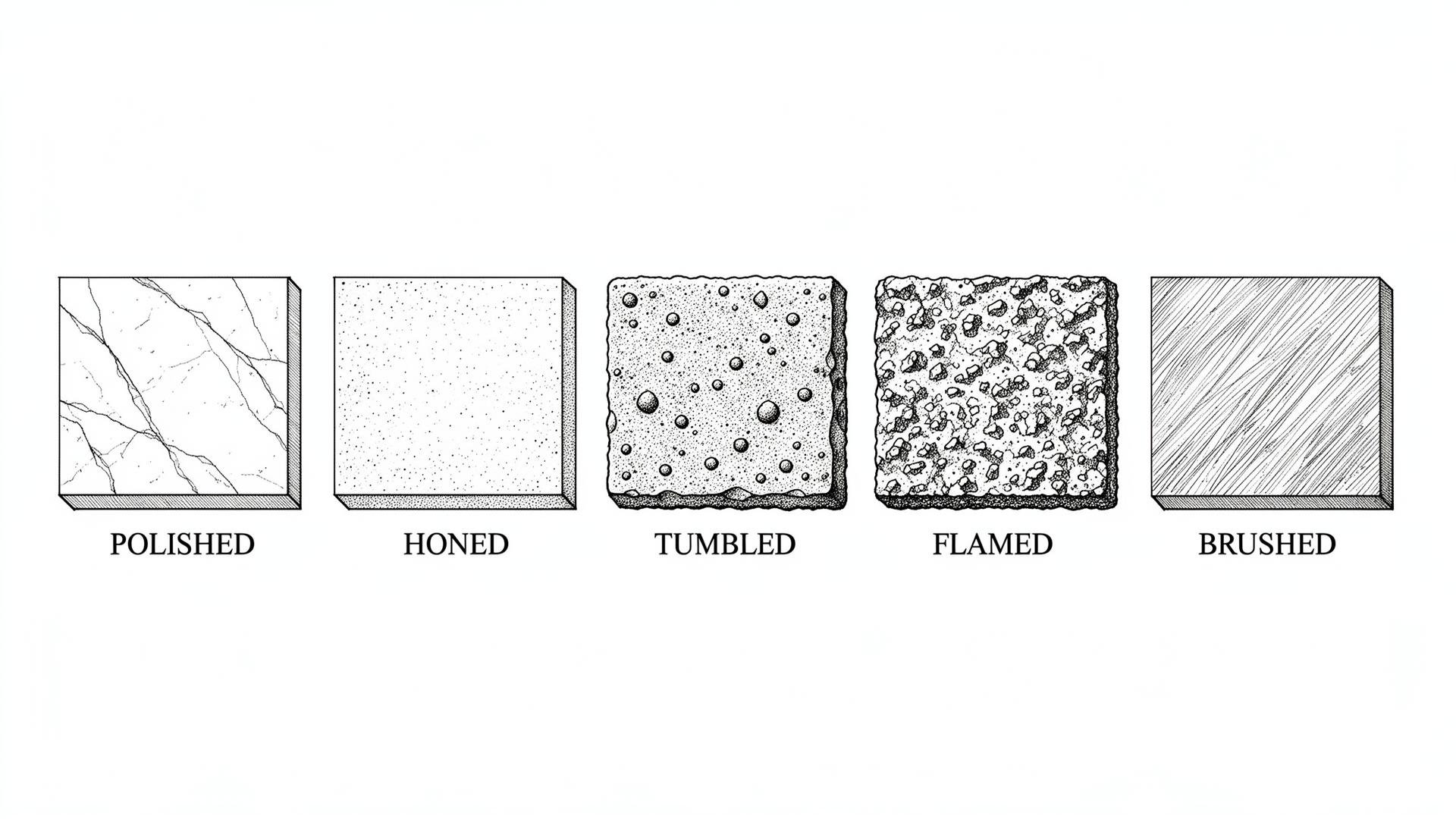 Stone surface finishes: Polished, Honed, Tumbled, Flamed, Brushed