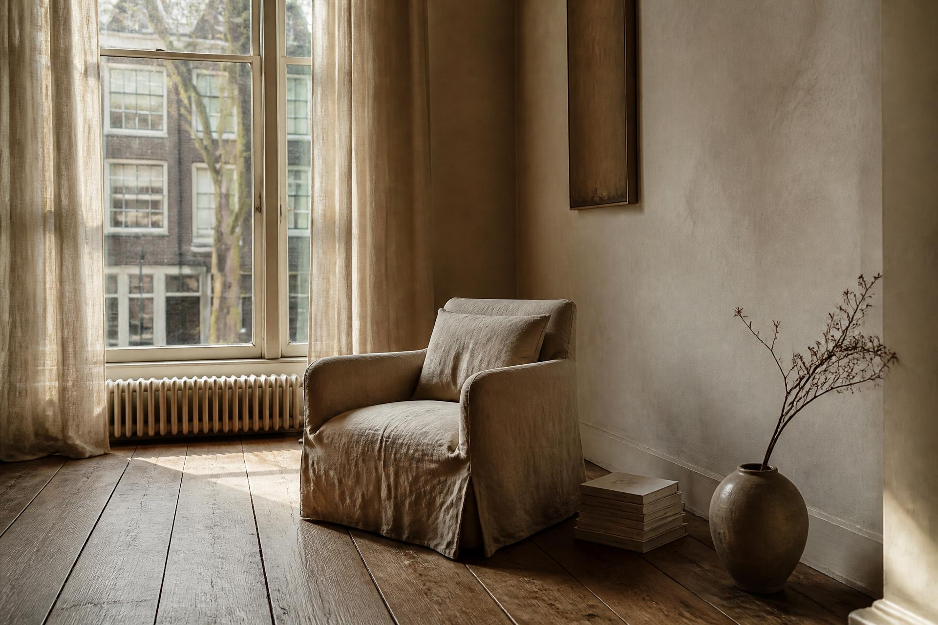 A quiet linen armchair by a window with a small stack of books and a single ceramic vessel